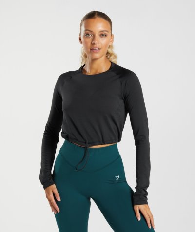 Black Women's Gymshark Sweat Seamless Long Sleeve Cropped Tops | CA5846-721