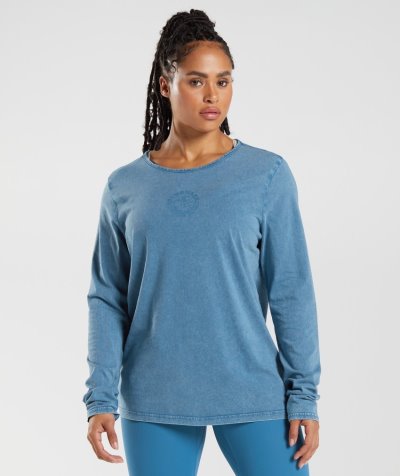 Blue Women's Gymshark Legacy Washed Long Sleeve Tops | CA7118-779