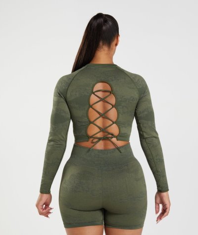 Olive / Olive Women's Gymshark Adapt Camo Seamless Lace Up Back Tops | CA4465-450